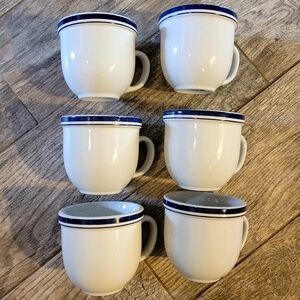 6 ~ Culinary Arts Cafeware Porcelain Coffee Tea Mugs Cups White with Blue Bands